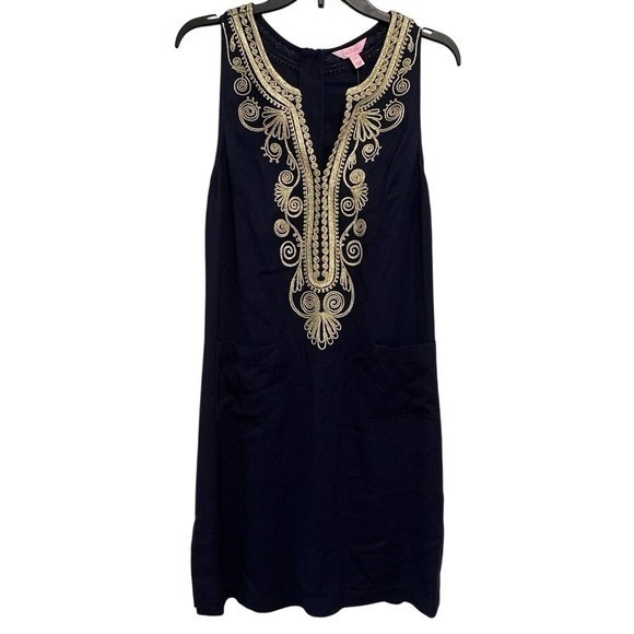 Lilly Pulitzer Dresses & Skirts - NWT Lilly Pulitzer Carlotta Shift Dress Womens 4 Navy Gold Embroidered Stretch